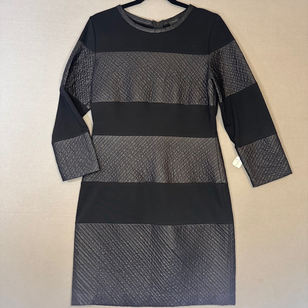 Theory Womens Black Quilted Mixed Media Shift Dress Long Sleeve Back Zip L